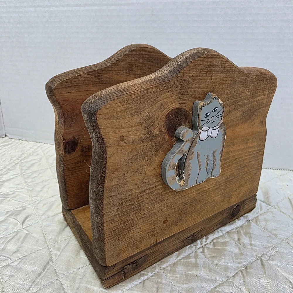 Vintage Cottage GrannyCore Wooden Cat Napkin Holder Heart Country Farmhouse Flaw